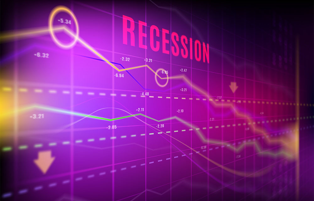 Graphic with various downward trending charts with the word "recession" at the top.