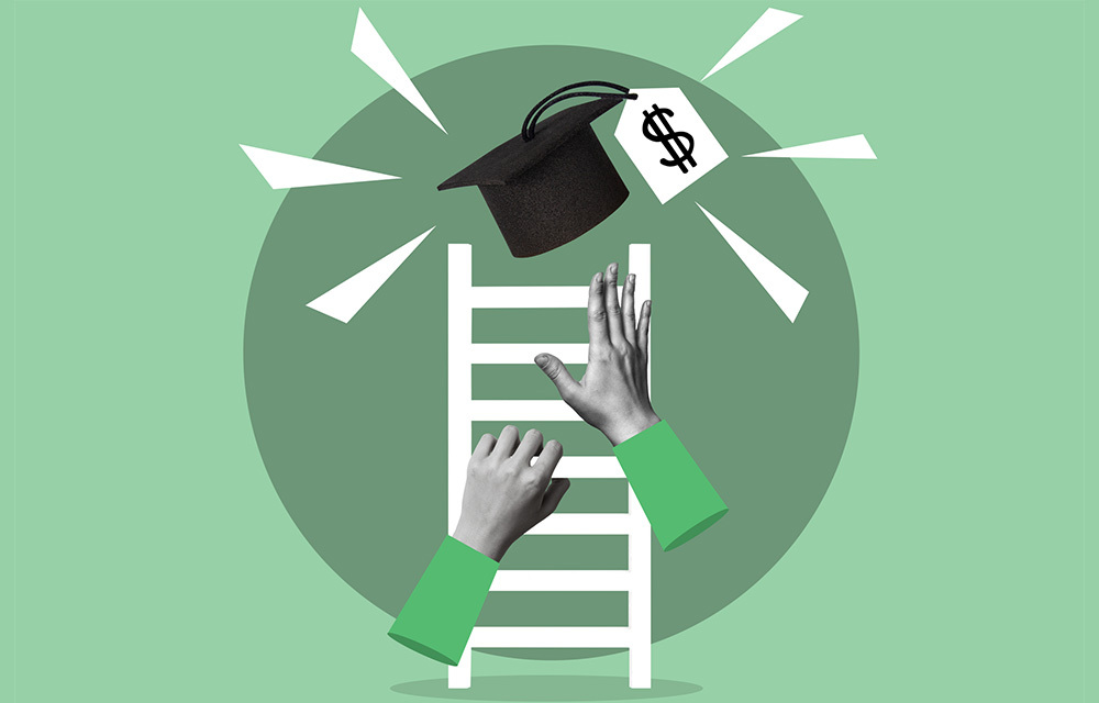 Illustration of hands climbing a ladder that has a graduation cap with a price tag attached at the top.